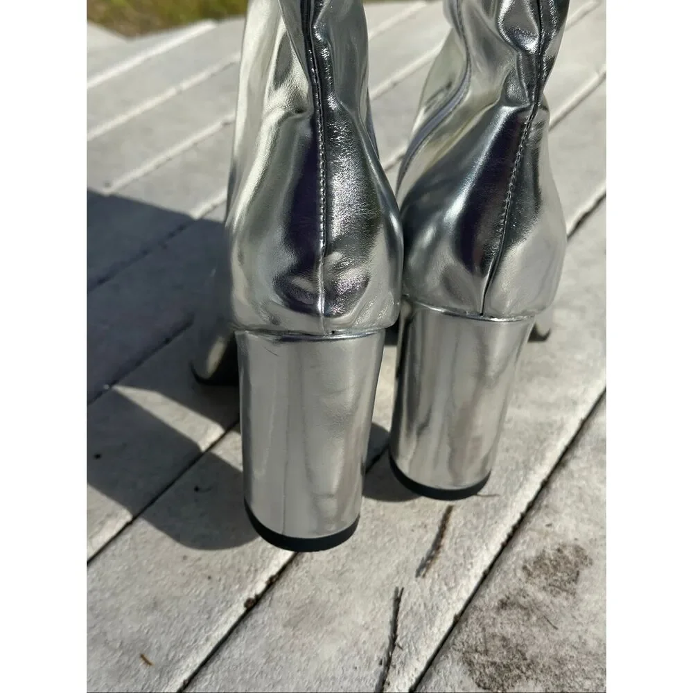 Silver Metallic OTK Boots Sz 12 Inside Zip Block Heel Pointed Toe